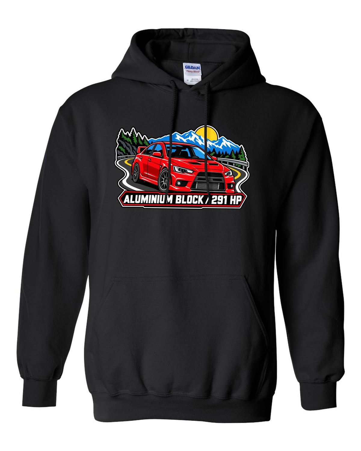Bold three-colour screen-print style print of an airborne Mitsubishi Evo X CZ4A with all four left the ground text black pull over hoodie front view with the design