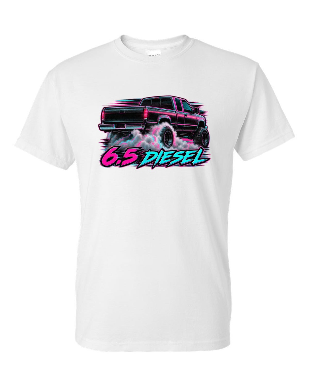 VHS glitch burnout print of a 1988-1998 Chevrolet GMT400 C2500 with 6.5 Diesel text white t-shirt front view with the design
