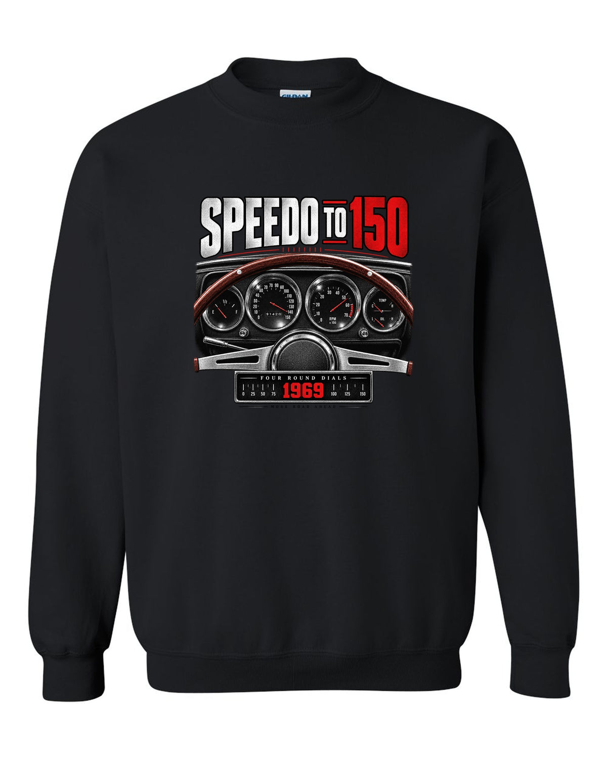 Cockpit gauge print of a 1969 Dodge Charger R/T with four round dials and a 150 speedometer black crewneck front view with the design
