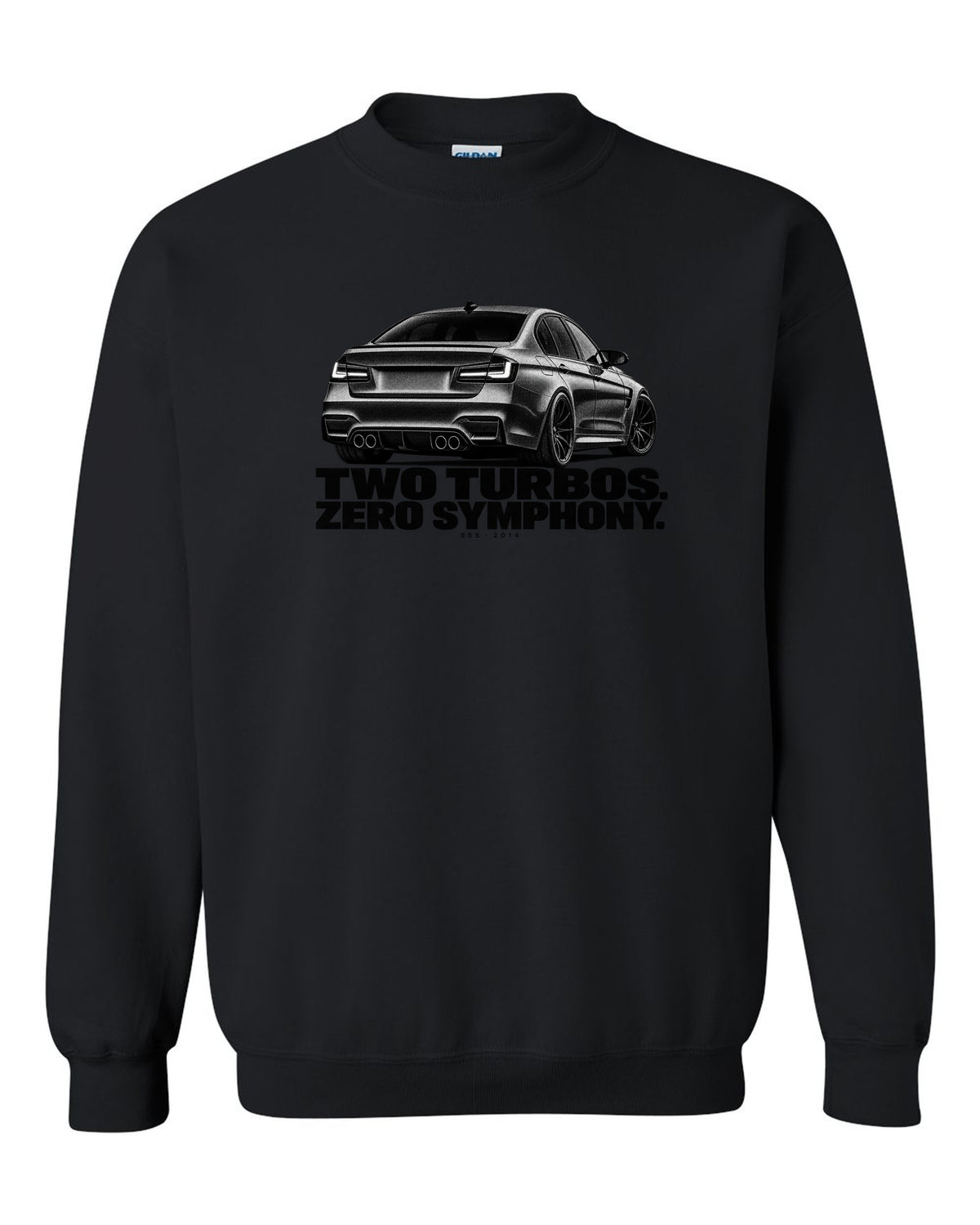 BMW F80 M3 sedan halftone print with two turbos zero symphony text black crewneck front view with the design