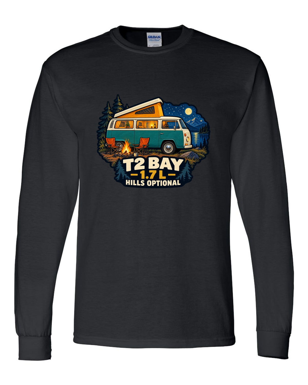 1972 VW Bus T2 Bay Window at a night camp painted in gouache black long sleeve front view with the design