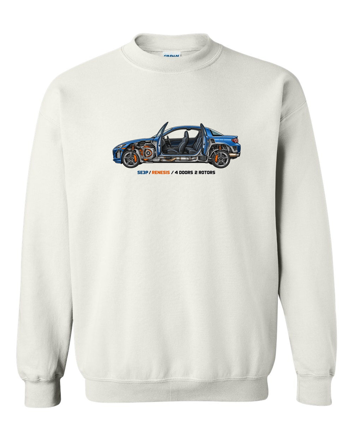 Technical cutaway illustration of the Mazda RX-8 SE3P with RENESIS and 4 DOORS 2 ROTORS lettering white crewneck front view with the design
