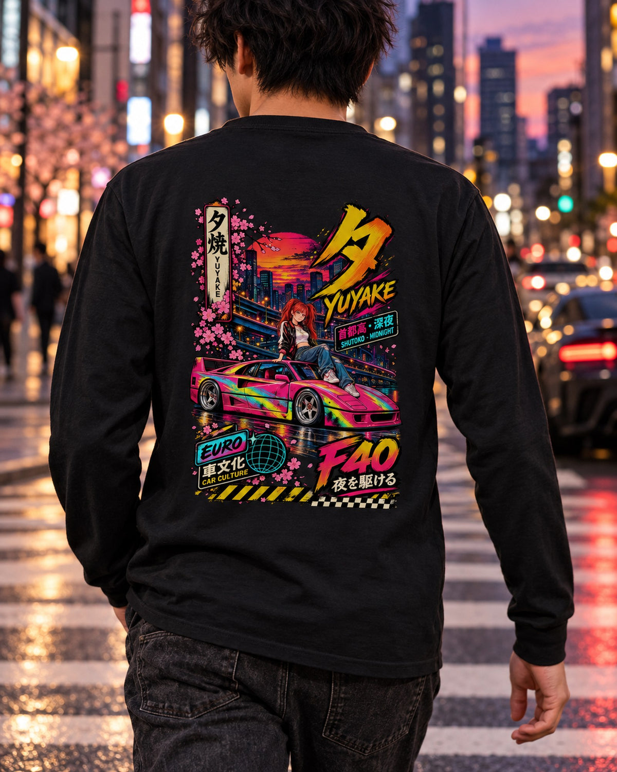 YUYAKE F40 Anime Girl Full-Back Graphic Tee Long Sleeve Black worn hero