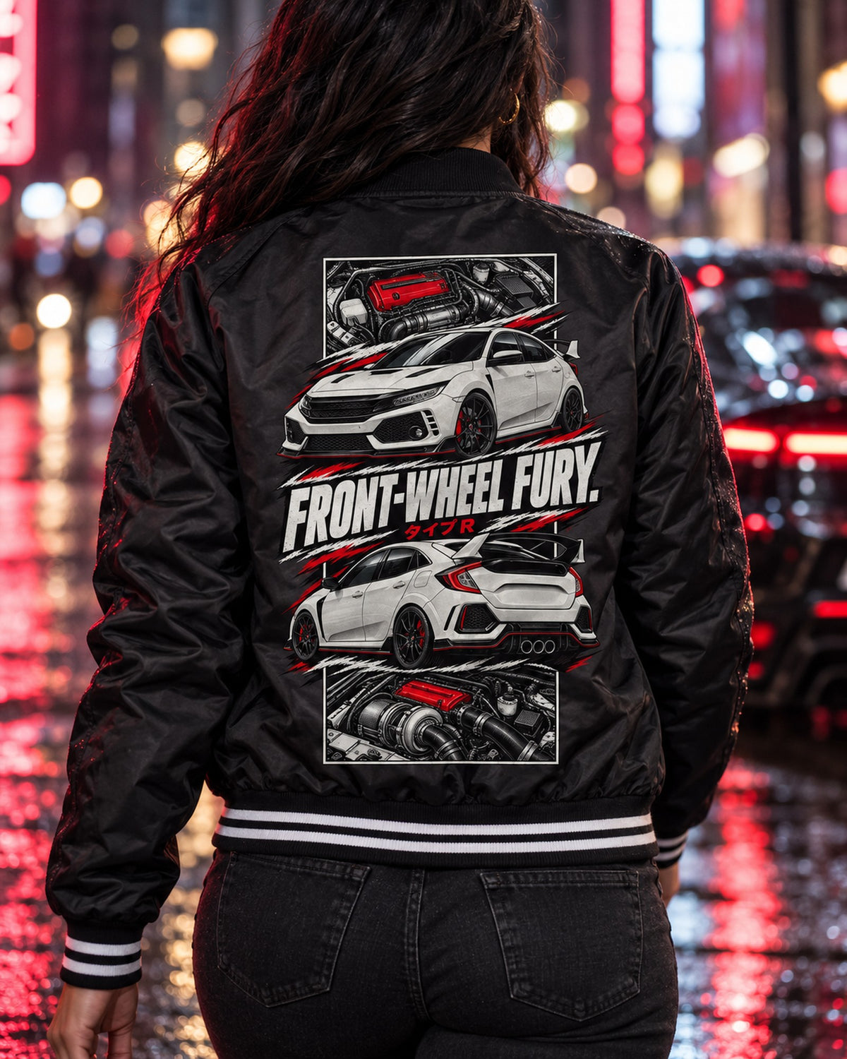 Honda Civic Fk8 Torn Poster Full-Back Graphic Tee Bomber Jacket Black worn hero