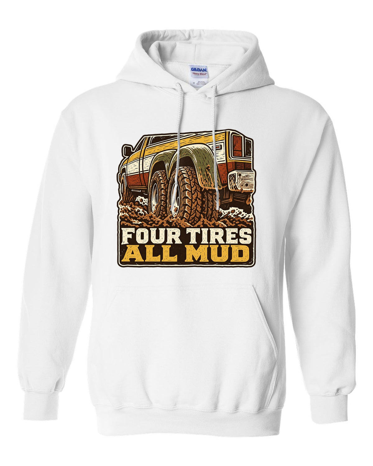 Linocut print of a 1994-1998 Dodge Ram 2nd gen dually in mud with four tires all mud text white pull over hoodie front view with the design