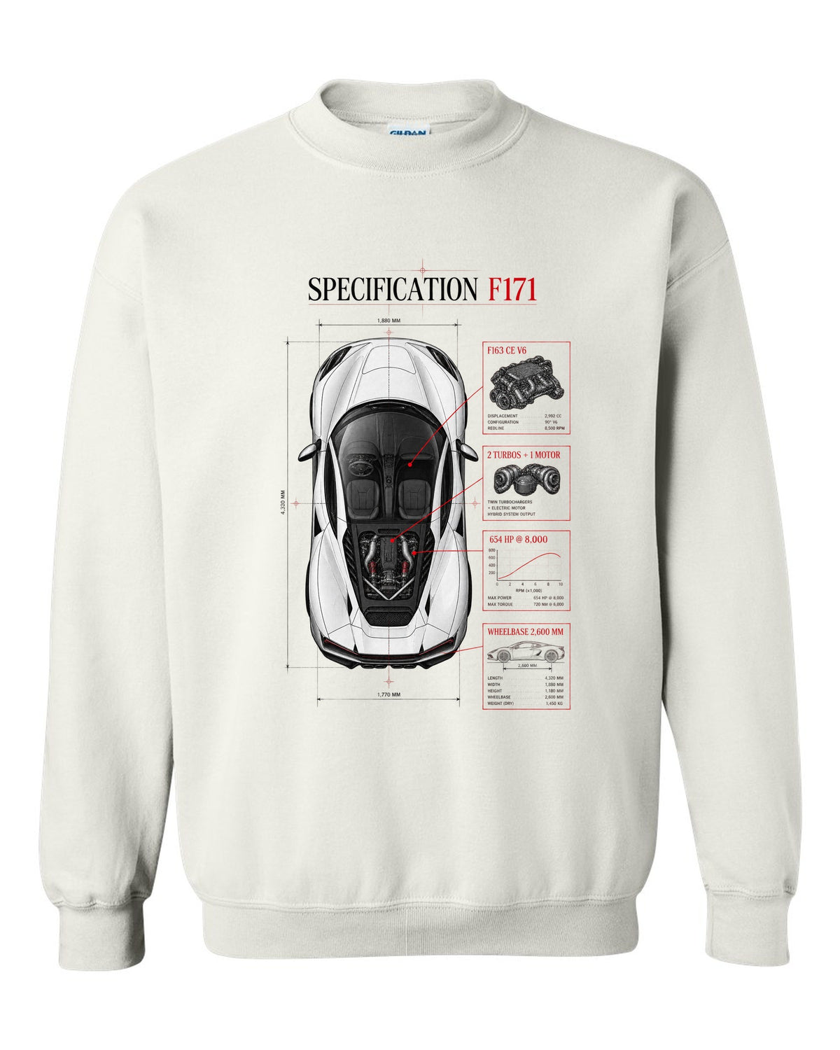 Top-down spec poster print of a Ferrari 296 GTB F171 with wheelbase and F163 CE V6 details white crewneck front view with the design
