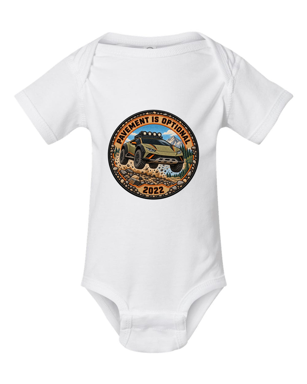 Embroidery-style round crest of a Lamborghini Huracan Sterrato LP610-4 with text PAVEMENT IS OPTIONAL / 2022 white baby onesie front view with the design