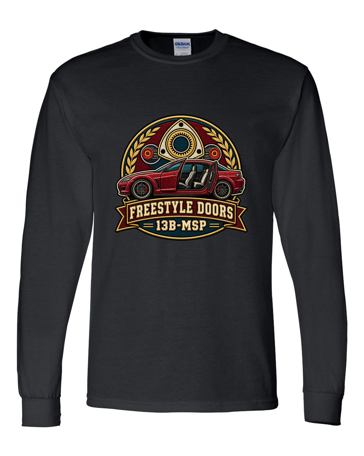 Varsity-style crest of a Mazda RX-8 SE3P with freestyle doors and 13B-MSP text black long sleeve front view with the design
