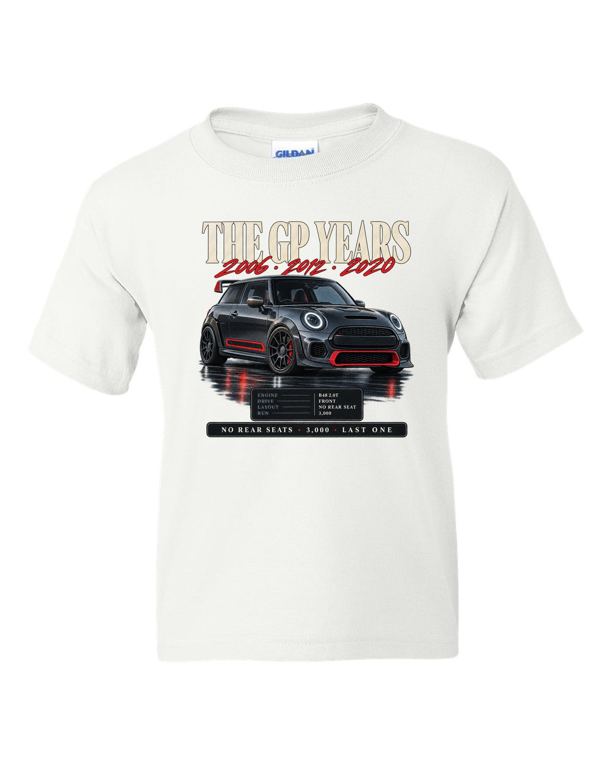 Archive panel print of a Mini Cooper JCW GP F56 with the years 2006, 2012 and 2020 white kids tee front view with the design