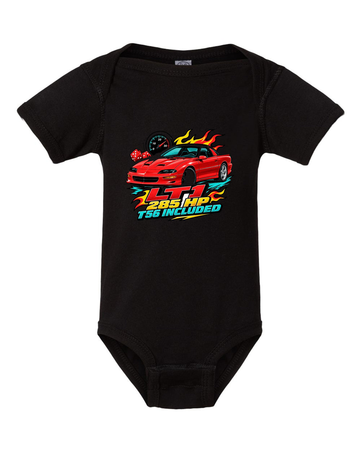 1996 Chevrolet Camaro Z28 LT1 sticker-bomb collage print with 285 HP T56 text black baby onesie front view with the design