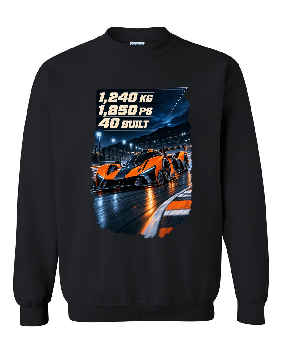 Bugatti Bolide track car at night print with weight and power figures black crewneck front view with the design