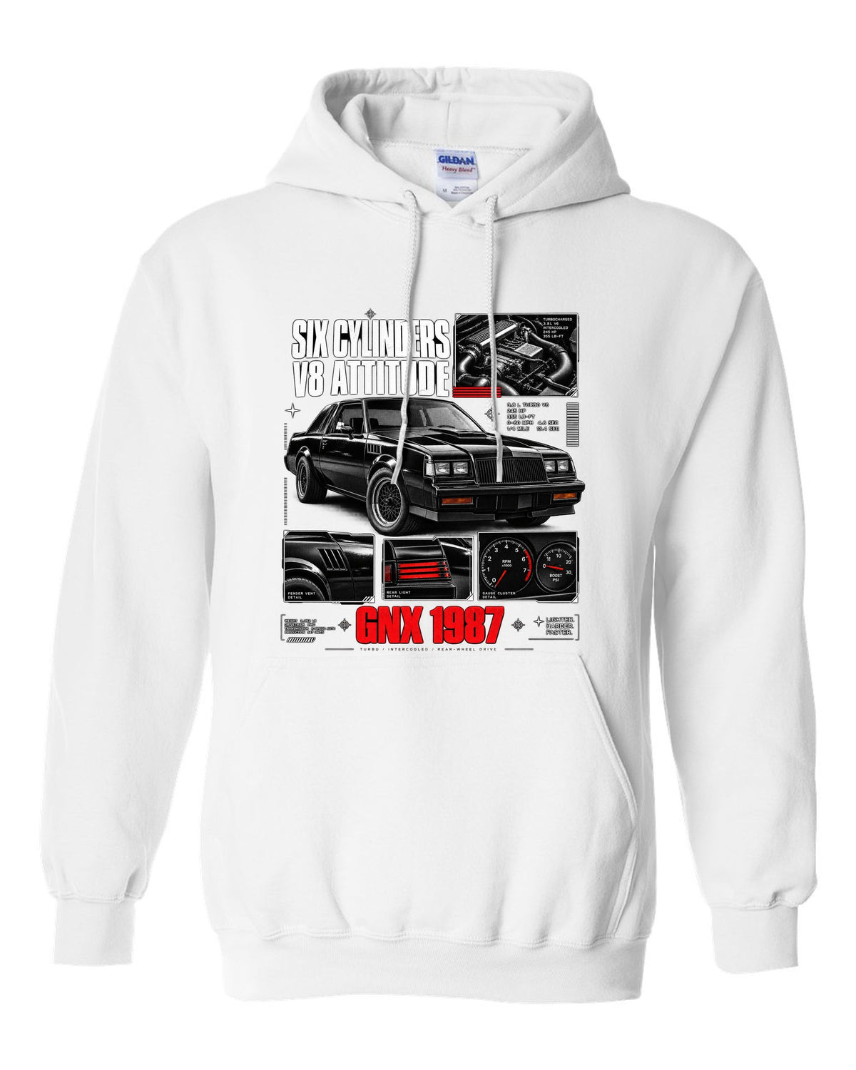 print dossier panels of a 1987 Buick GNX with six cylinders V8 attitude lettering white pull over hoodie front view with the design