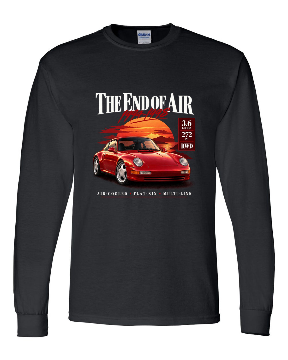 Archive panel print of a Porsche 911 Carrera (993) coupe with the heading The End Of Air and spec list black long sleeve front view with the design