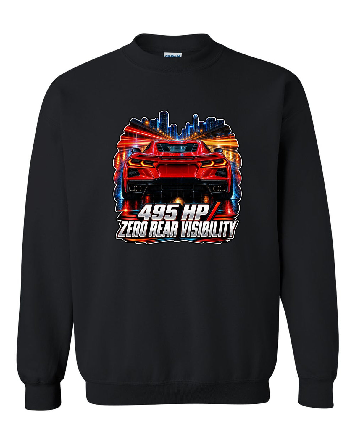Long-exposure night poster print of a 2020 Chevrolet Corvette C8 Stingray with 495 HP zero rear visibility lettering black crewneck front view with the design