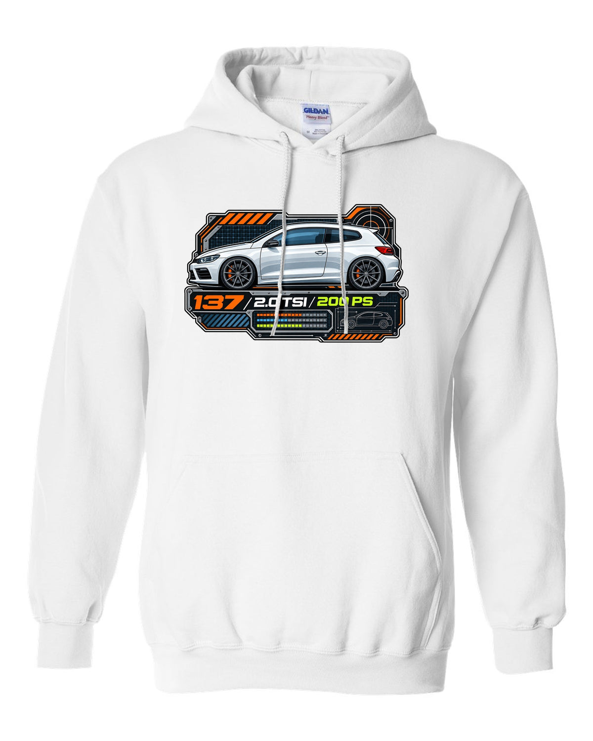 Spec-sheet data plate print of a VW Scirocco Mk3 with 137 2.0 TSI 200 PS text white pull over hoodie front view with the design