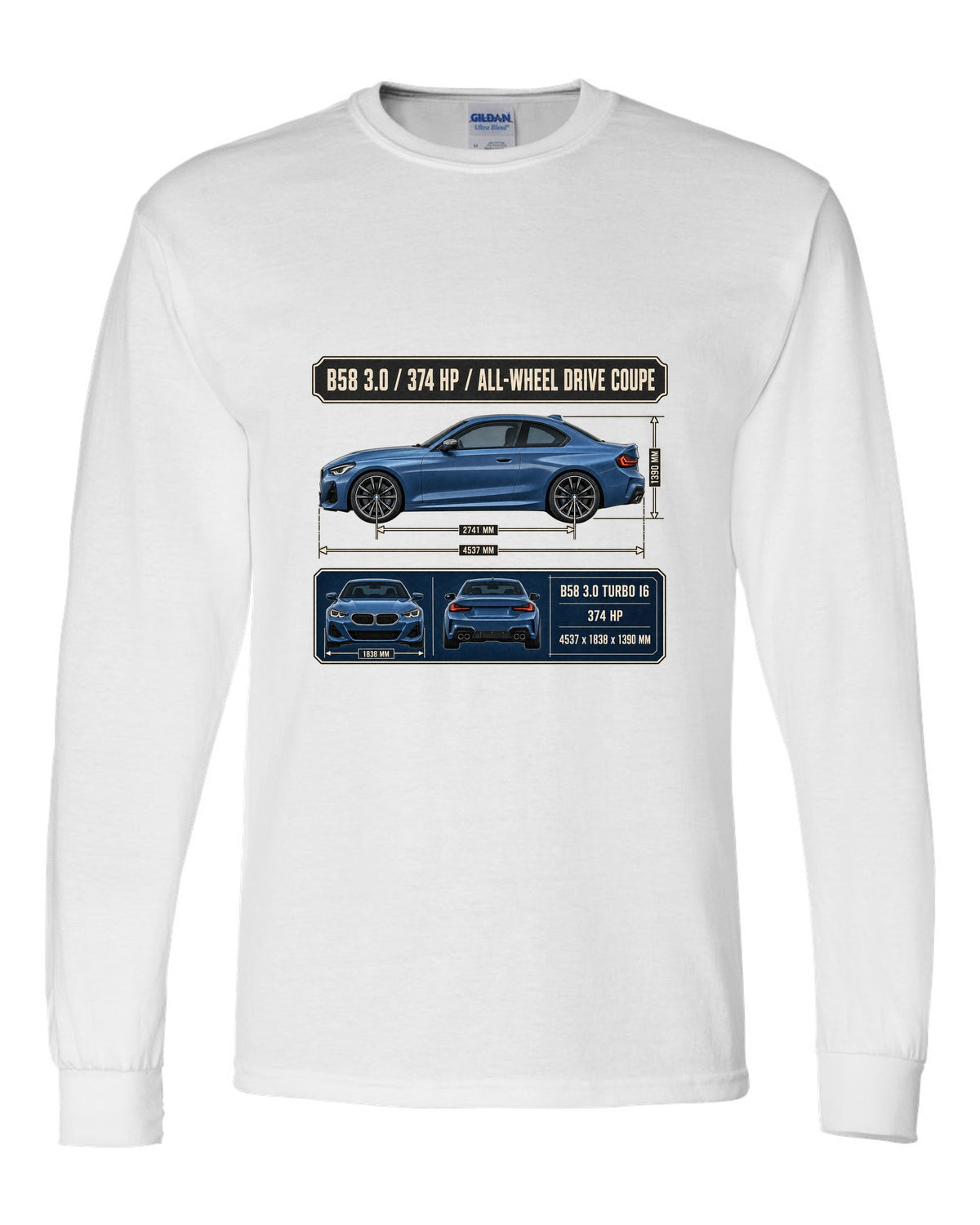 BMW M240i xDrive G42 coupe dimension blueprint print white long sleeve front view with the design