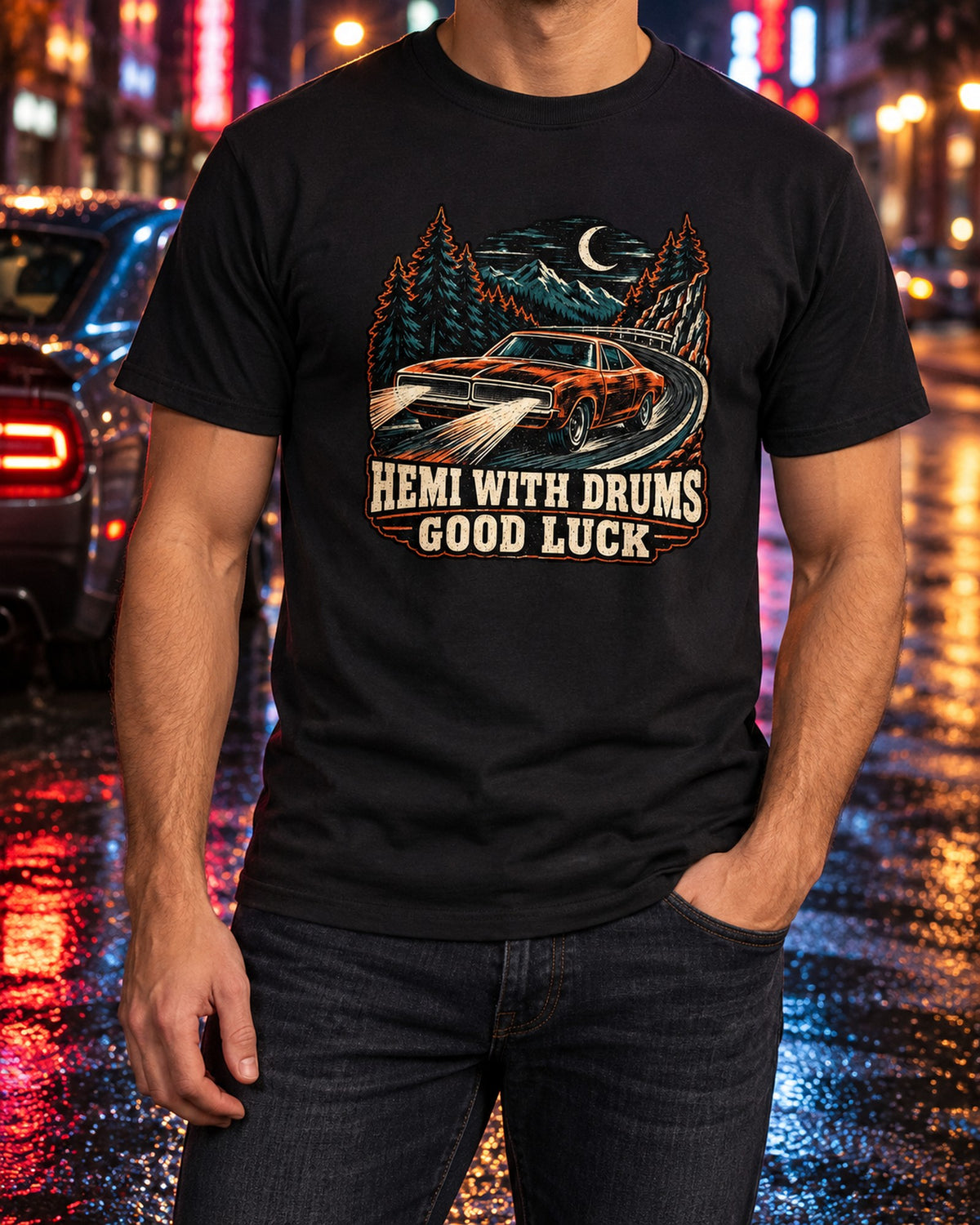 1968 Dodge Charger R/T Woodcut Print Shirt, Midnight Pass T-Shirt Black worn hero