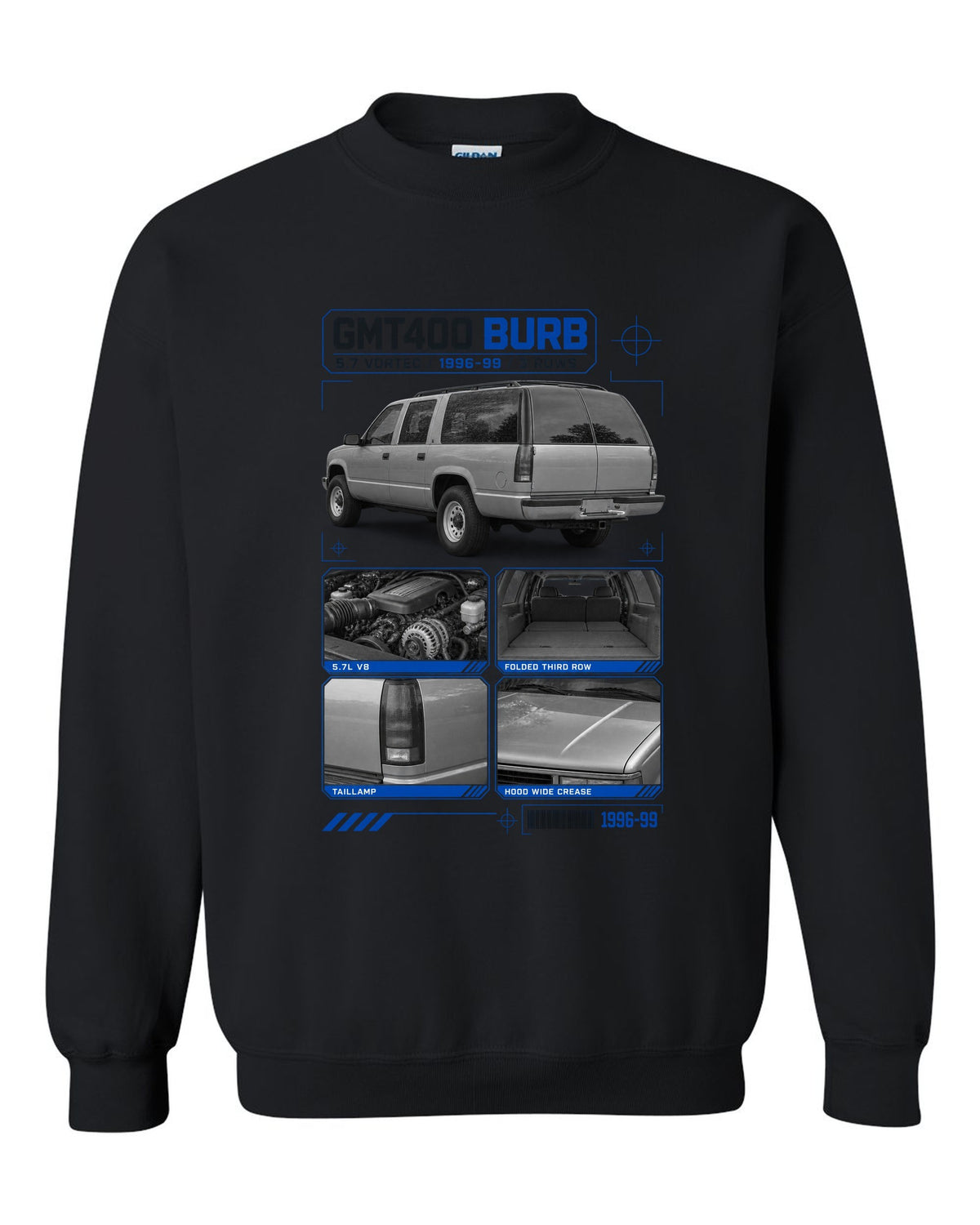 Dossier print of a 1992-99 Chevrolet GMT400 Suburban in a rear three-quarter view black crewneck front view with the design
