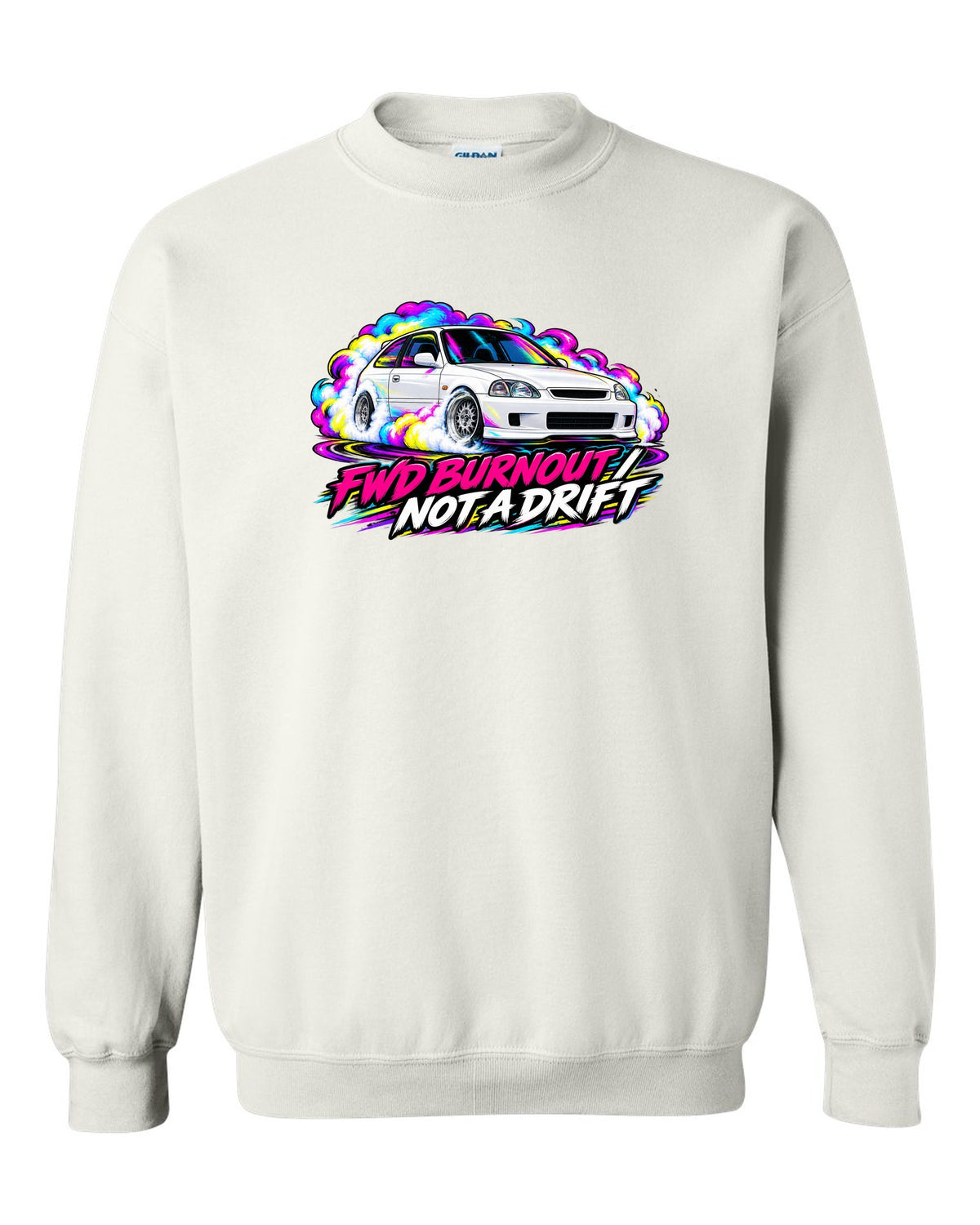 Neon pop style print of a Honda Civic Type R EK9 doing a FWD burnout with not a drift text white crewneck front view with the design