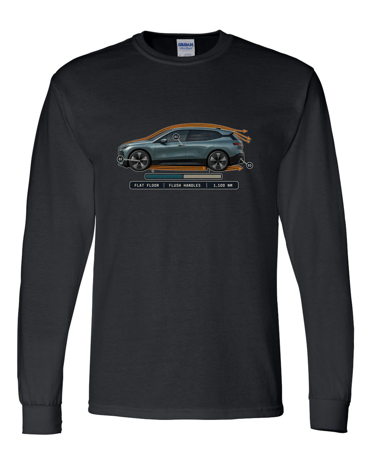 Aero cutaway callout print of the BMW iX M60 I20 with flush handles and flat floor black long sleeve front view with the design