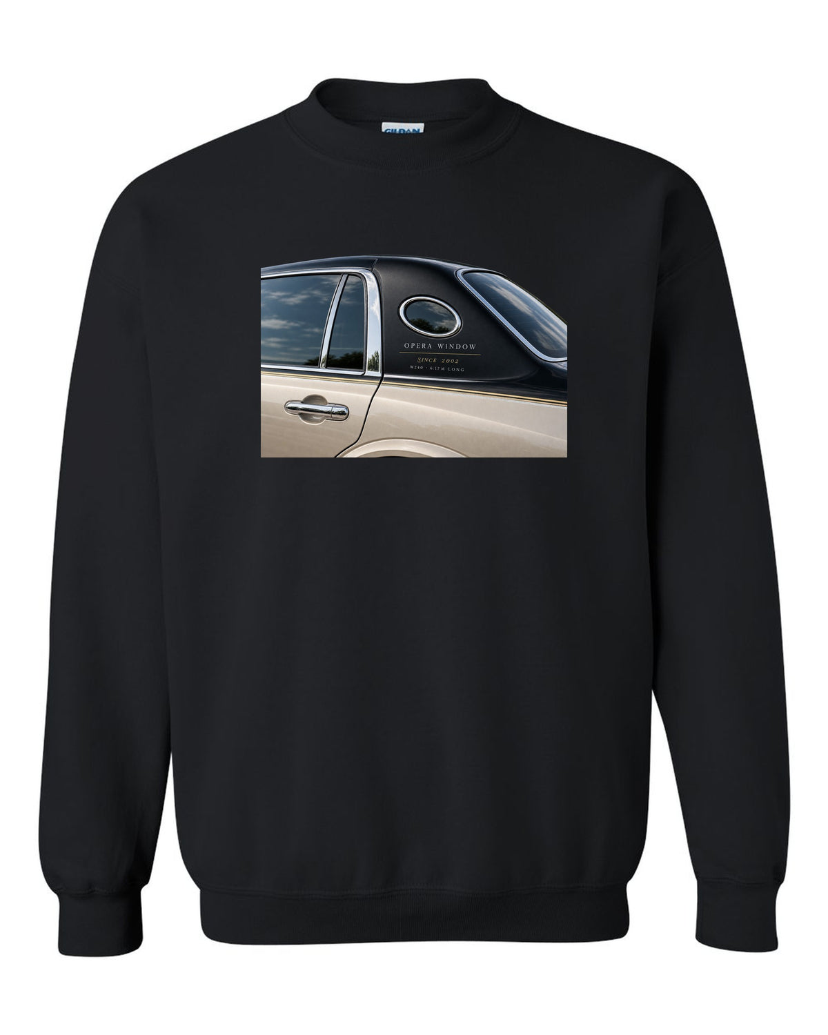 Detail macro print of a Maybach 62 W240 opera window with Since 2002 lettering black crewneck front view with the design