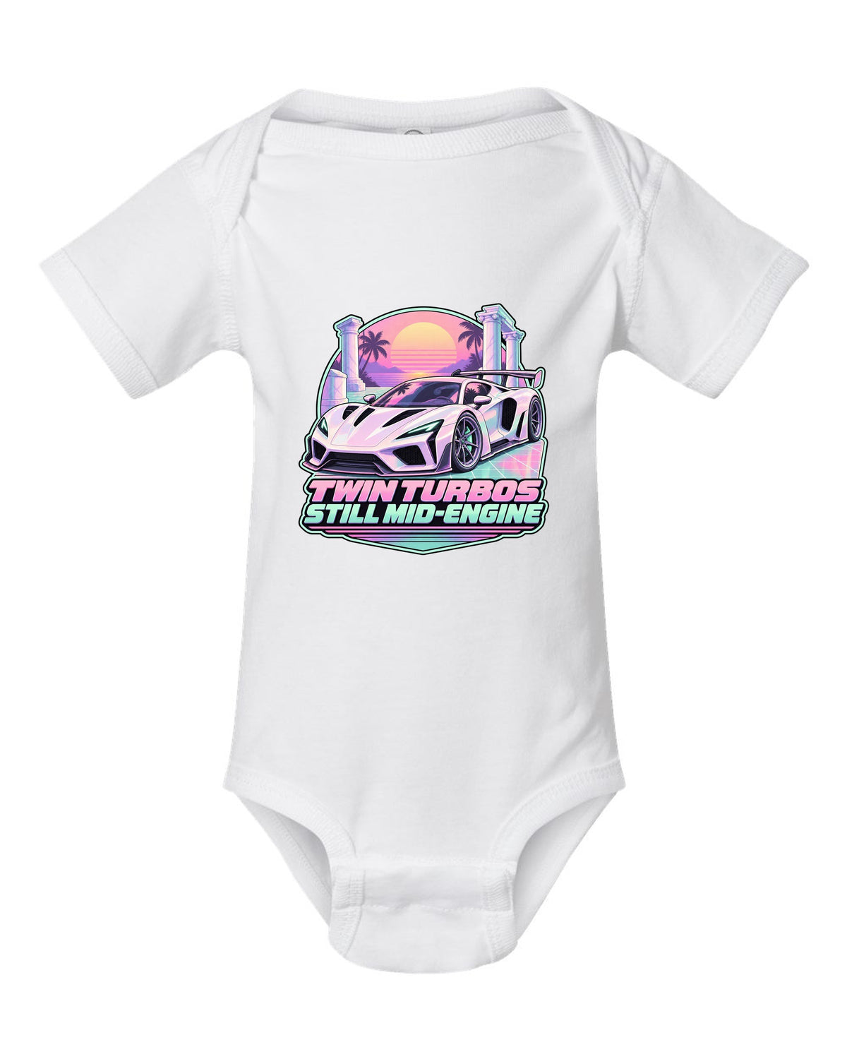 Badge crest design of a 2023 C8 Corvette Z06 with wide rear haunches white baby onesie front view with the design