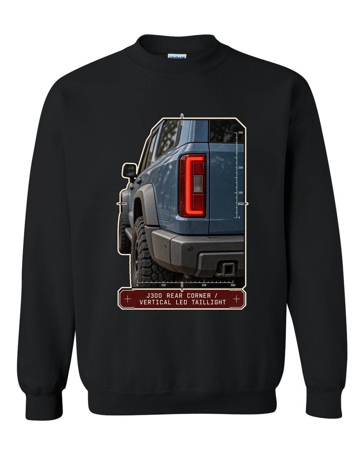 Close-up of Toyota Land Cruiser 300 J300 vertical LED taillight black crewneck front view with the design