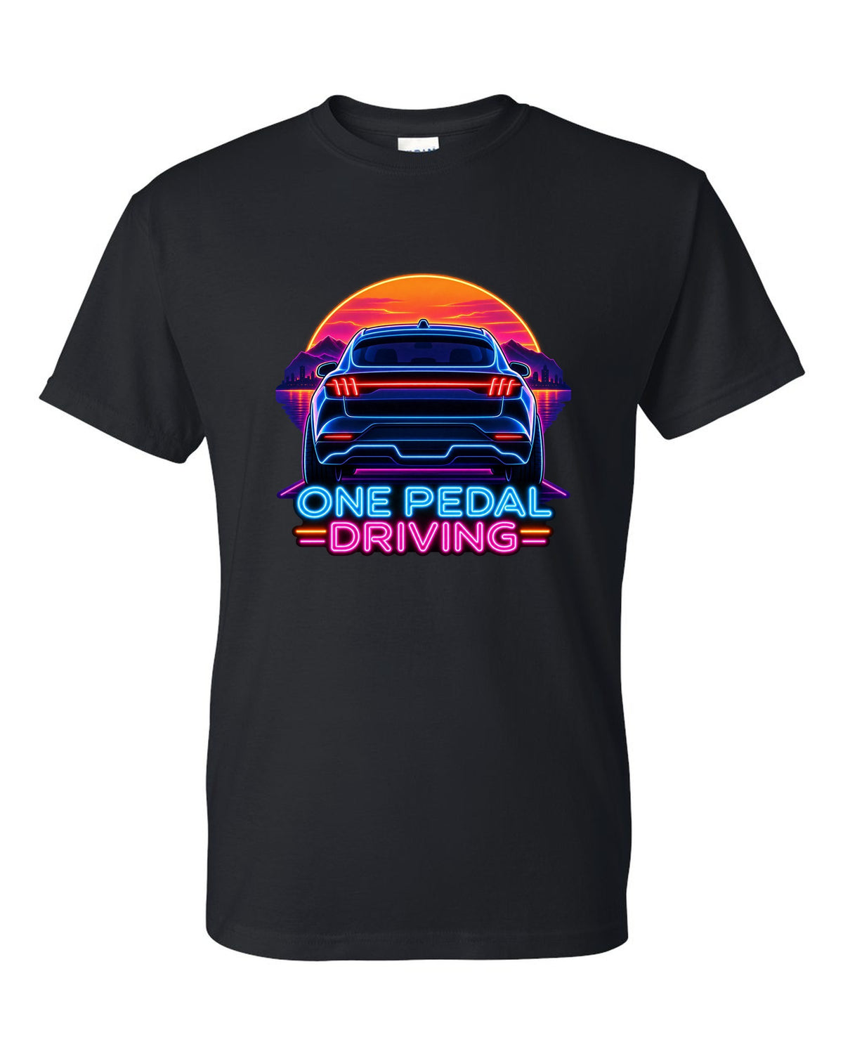 Neon sign print of the 2020 Mustang Mach-E CX727 tail bar reading One Pedal Driving black t-shirt front view with the design