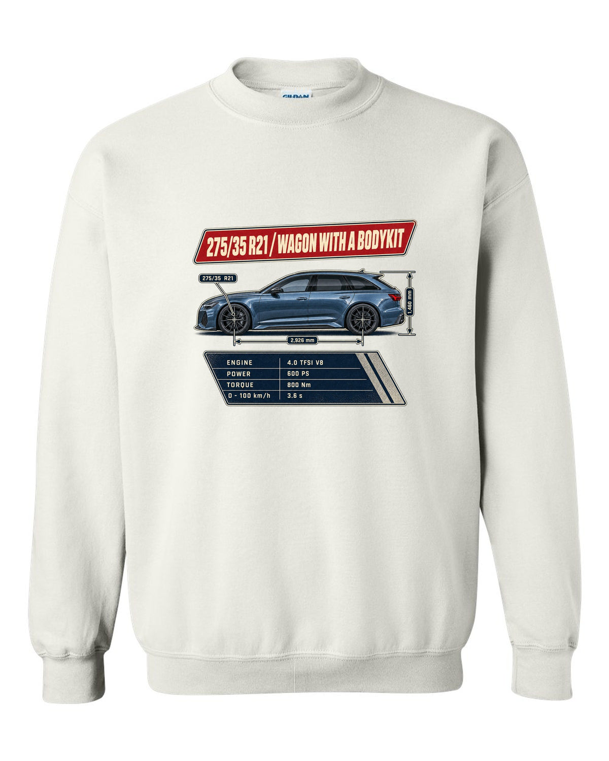Spec poster for the Audi RS6 Avant C8 listing 275/35 R21 tyres white crewneck front view with the design