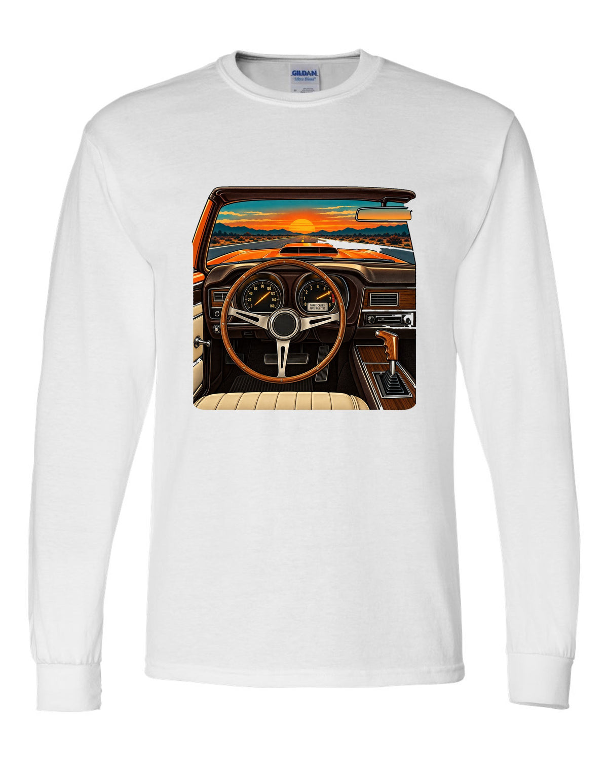 Retro dashboard illustration of a 1971 Dodge Charger Super Bee with six pack carb caption white long sleeve front view with the design
