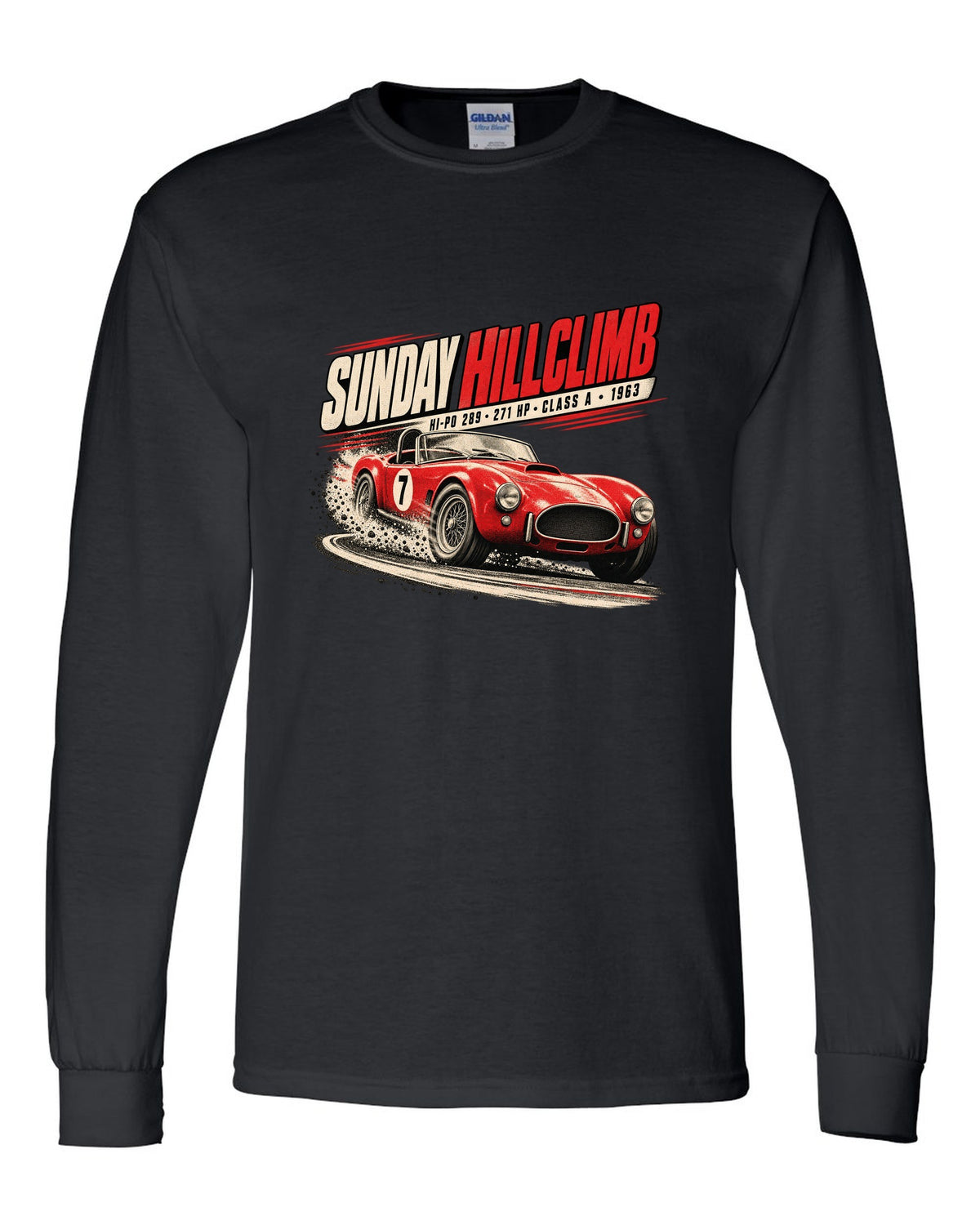 Race poster print of a 1963 289 roadster at a Sunday hillclimb black long sleeve front view with the design