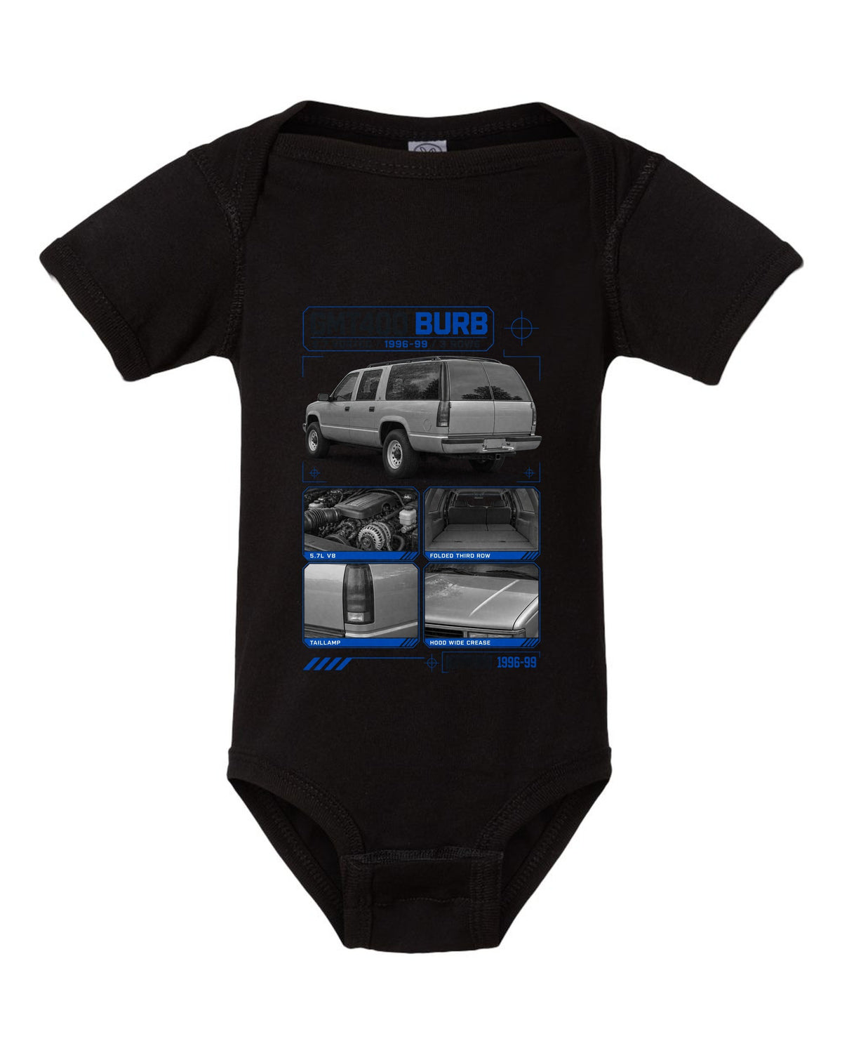 Dossier print of a 1992-99 Chevrolet GMT400 Suburban in a rear three-quarter view black baby onesie front view with the design