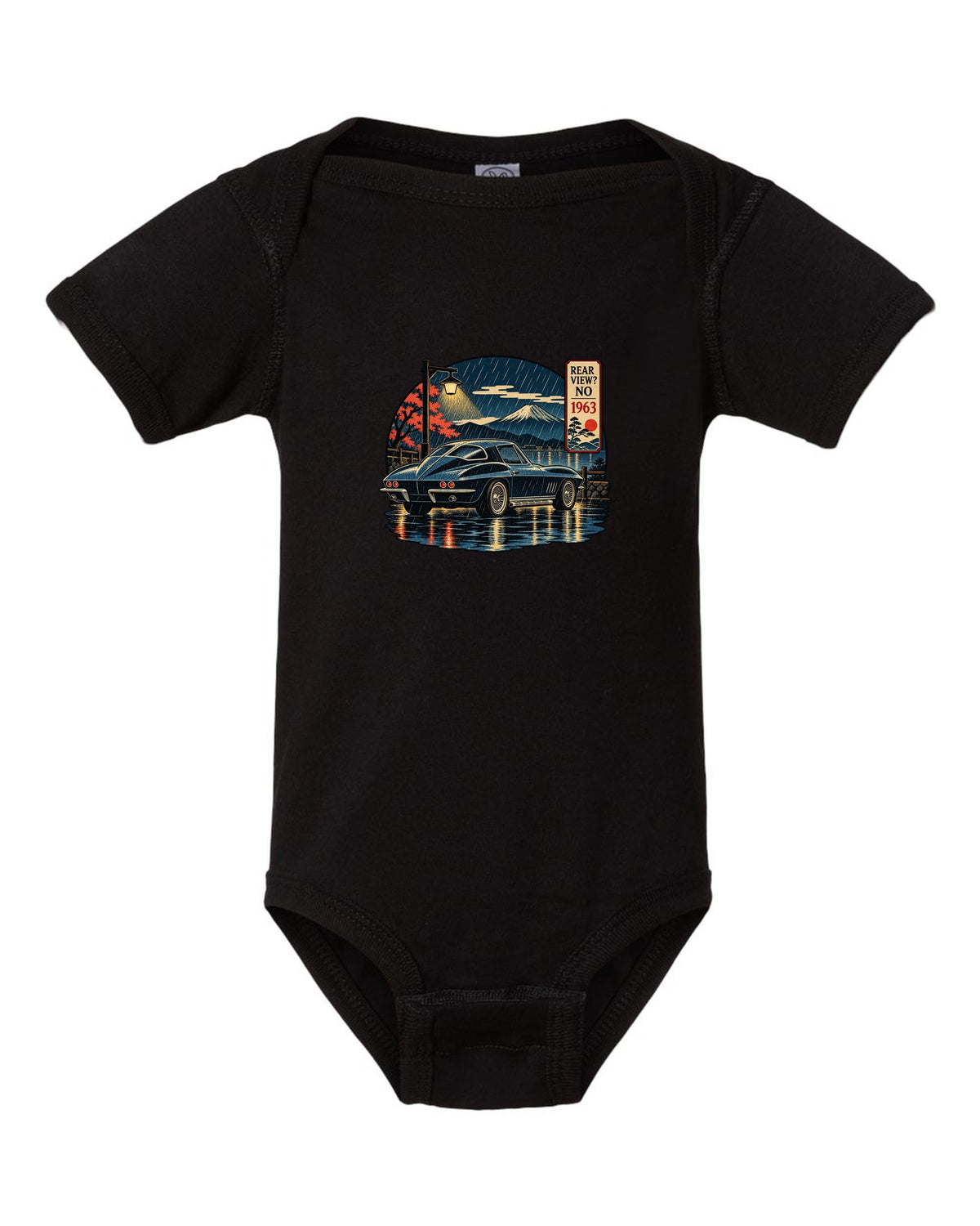 Ukiyo-e woodblock style print of a 1963 Chevrolet Corvette C2 Sting Ray coupe on a rainy night black baby onesie front view with the design