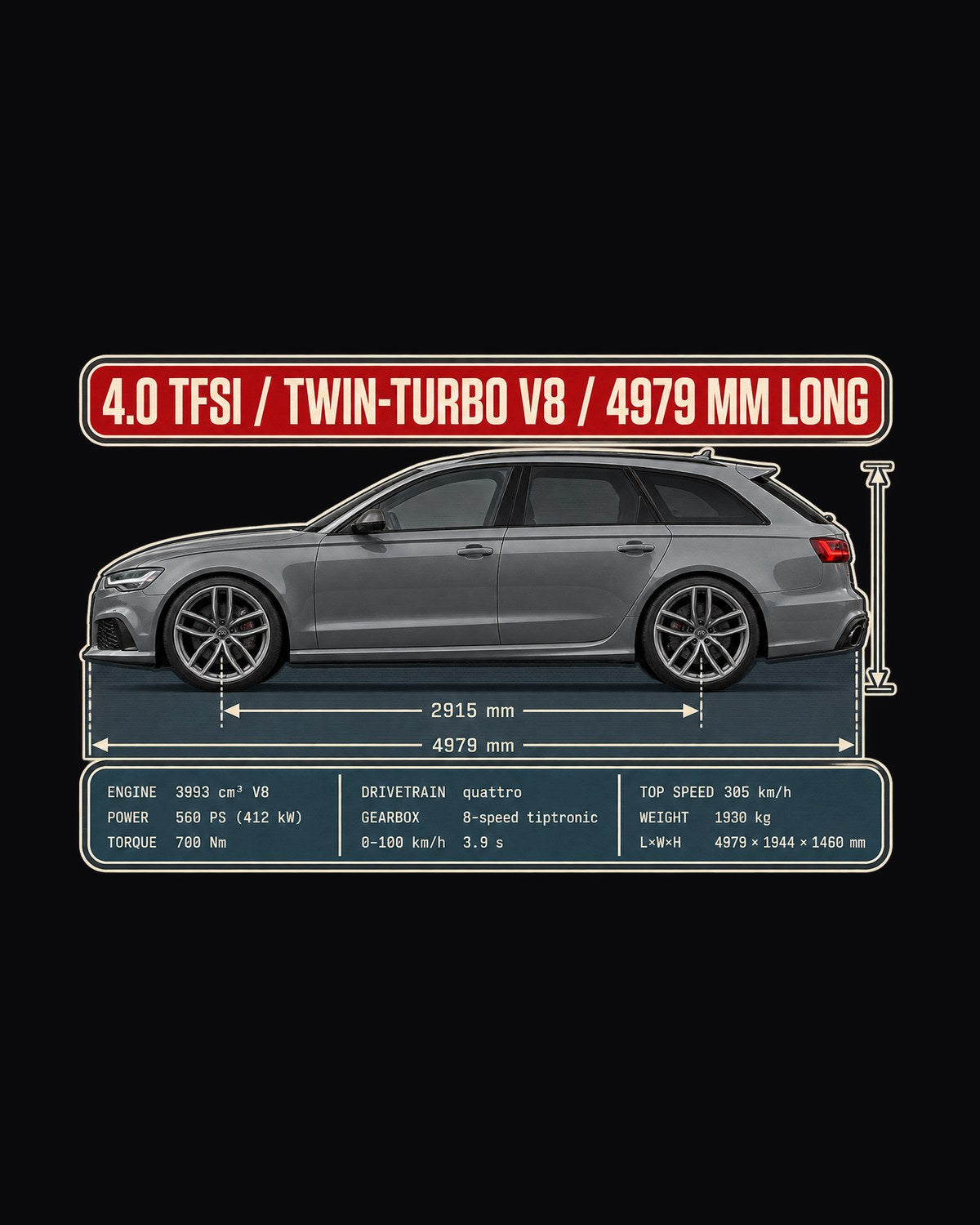 Audi RS6 Avant C7 Dimension Blueprint Shirt, 4.0 TFSI V8 design only