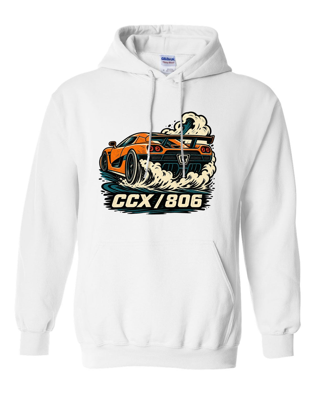 Linocut style illustration of a Koenigsegg CCX doing a burnout with CCX 806 lettering white pull over hoodie front view with the design