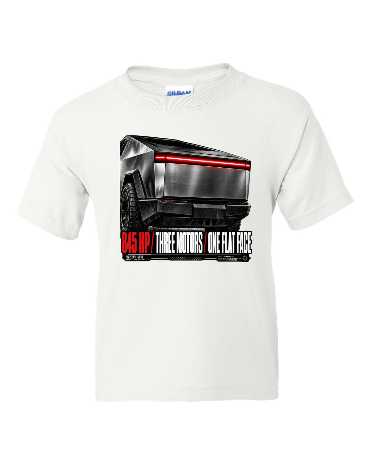Macro of the Tesla Cybertruck Cyberbeast 2024 light bar with 845 HP and three motors text white kids tee front view with the design