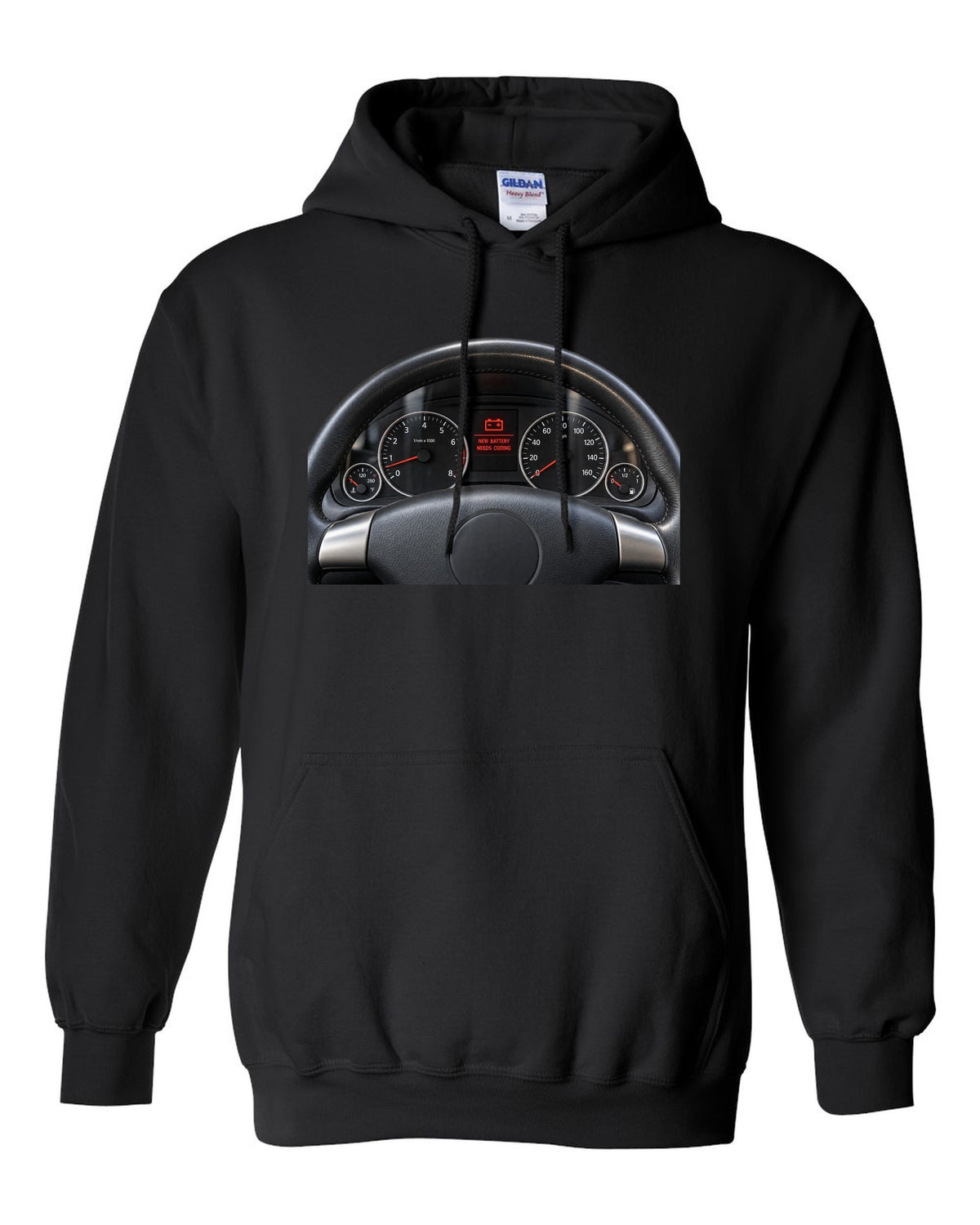 BMW E92 M3 cockpit gauge print with new battery needs coding text black pull over hoodie front view with the design