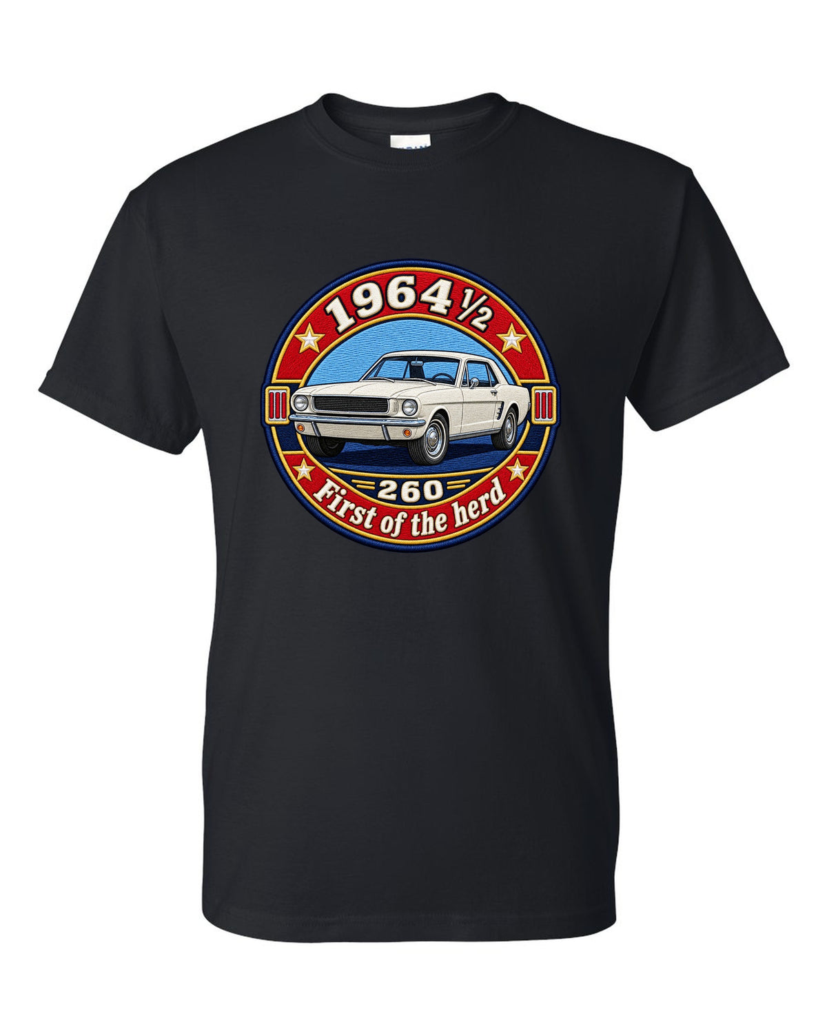 Varsity crest design of a 1964½ Ford Mustang coupe with 260 lettering black t-shirt front view with the design