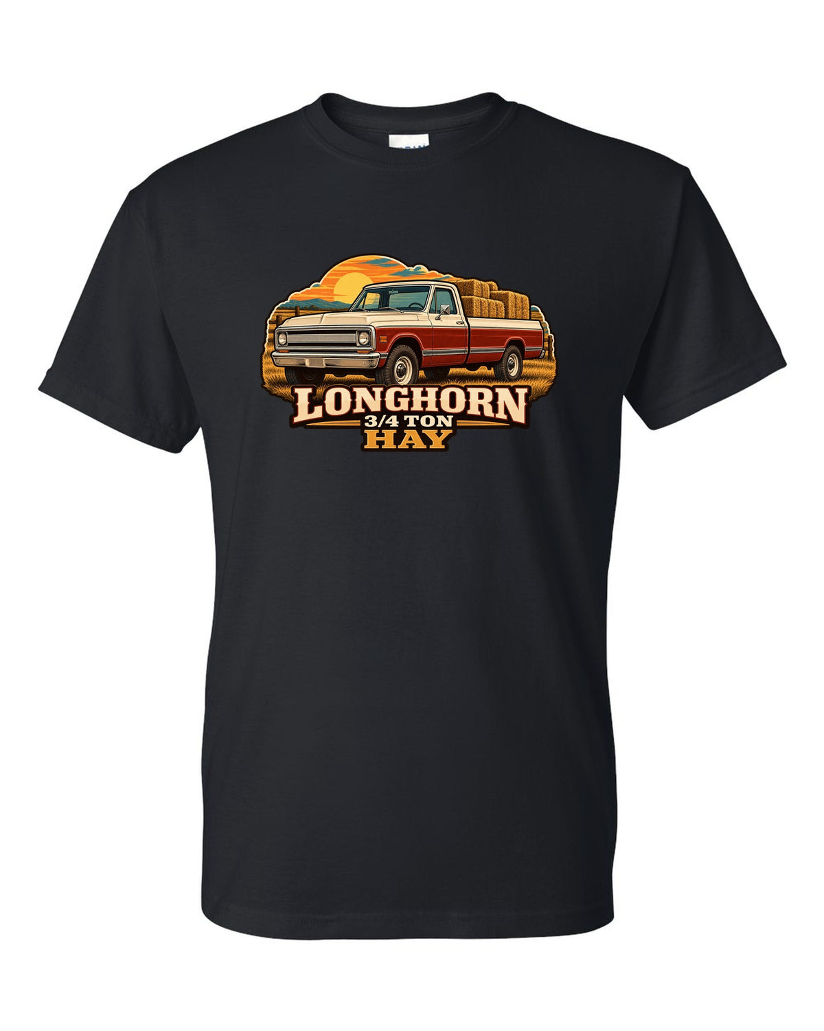 Vintage dealer-ad print of a 1967-72 Chevrolet C20 Longhorn with Longhorn 3/4 Ton Hay text black t-shirt front view with the design