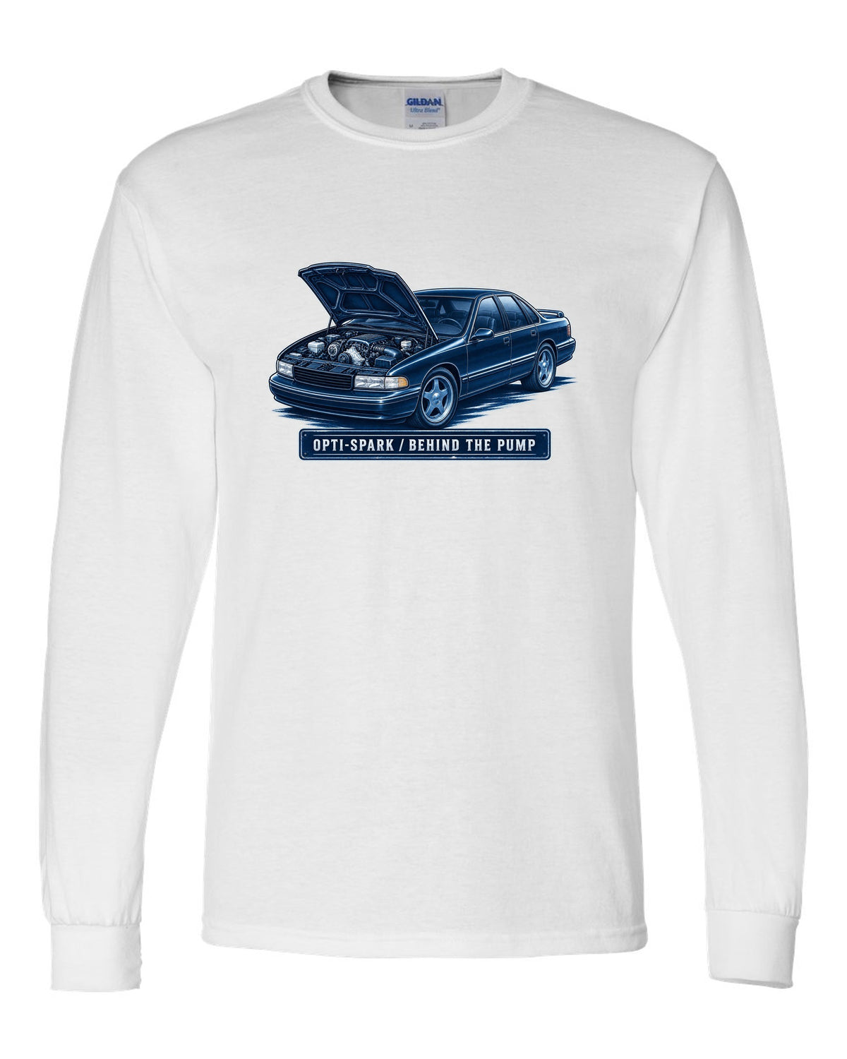 Cyanotype white-line illustration of a 1995 Chevrolet Impala SS with Opti-Spark lettering white long sleeve front view with the design