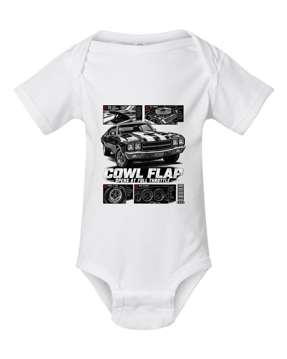 1970 Chevelle SS 454 dossier panel print with cowl flap detail white baby onesie front view with the design