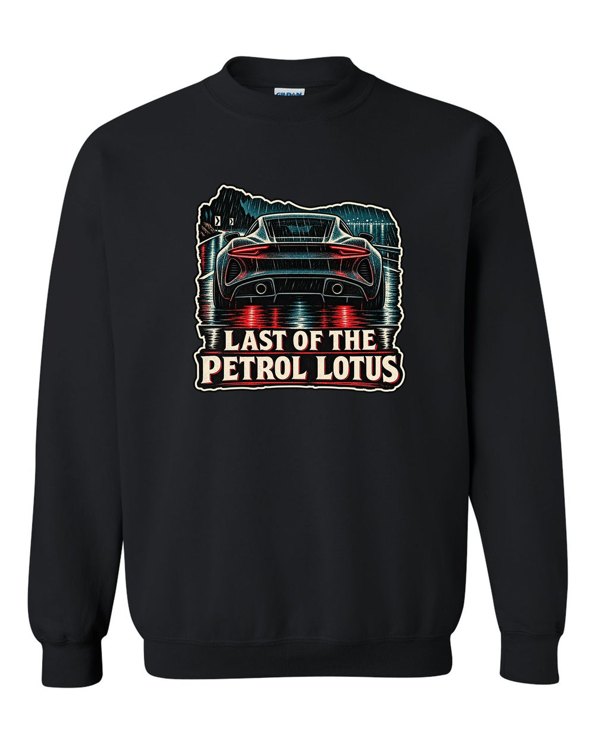 Lotus Emira in linocut woodcut style with LAST OF THE PETROL LOTUS lettering black crewneck front view with the design