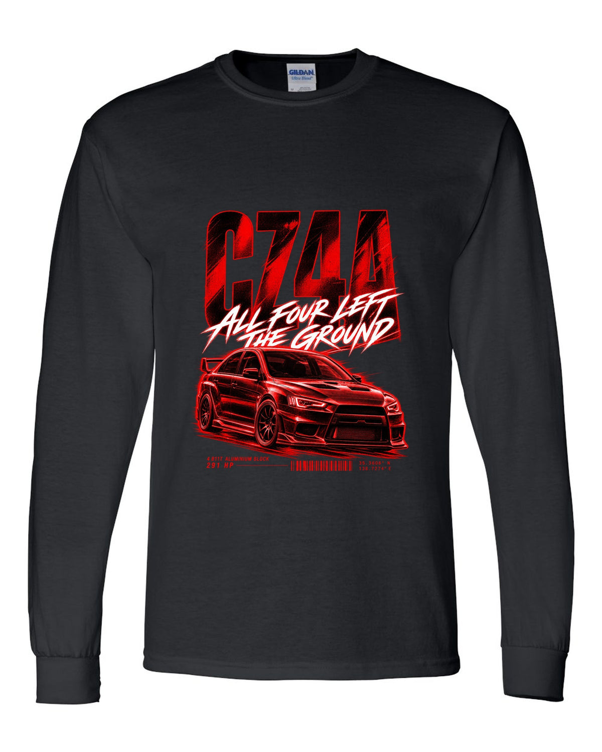 Mitsubishi Lancer Evolution X CZ4A street poster print with 4B11T and 291 HP text black long sleeve front view with the design