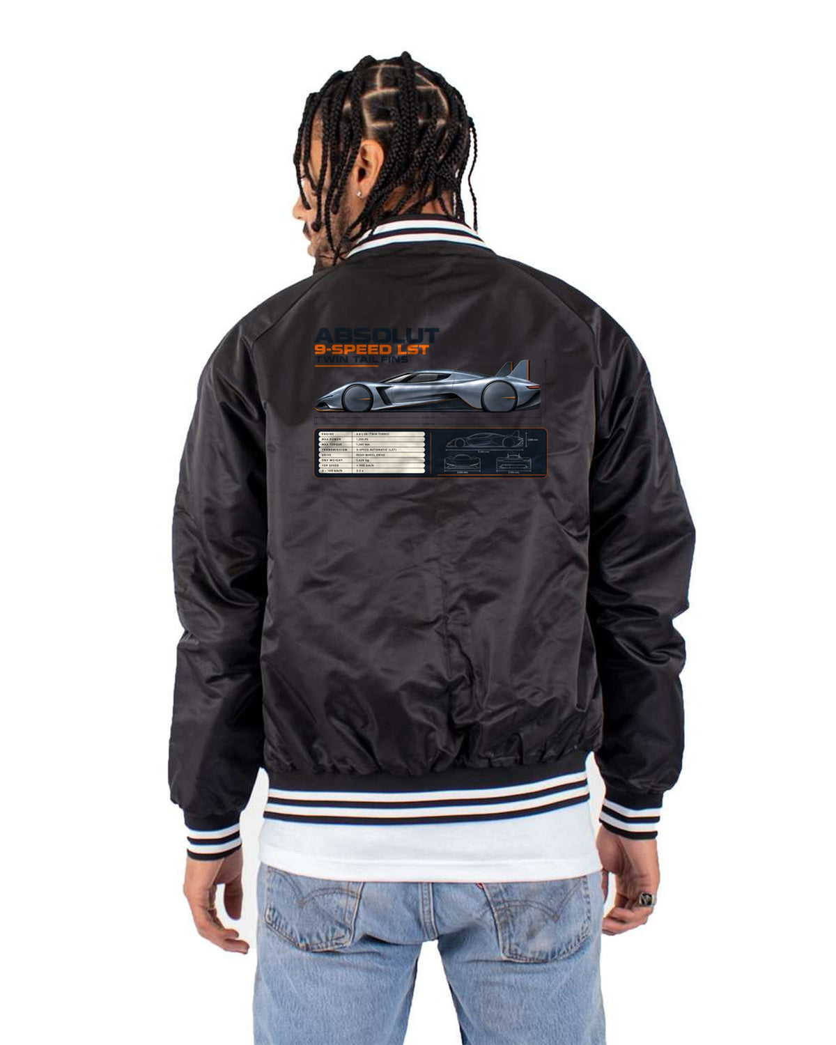Koenigsegg Jesko Absolut Side Profile Spec Poster Shirt Bomber Jacket Black back