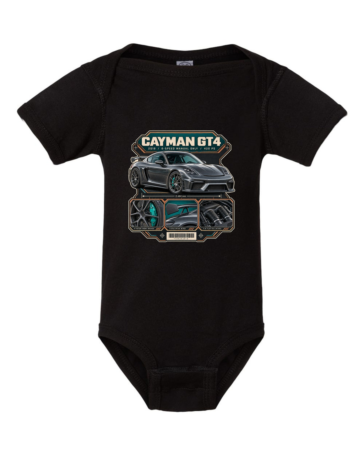 Dossier panel print of a Porsche 718 Cayman GT4 982 black baby onesie front view with the design