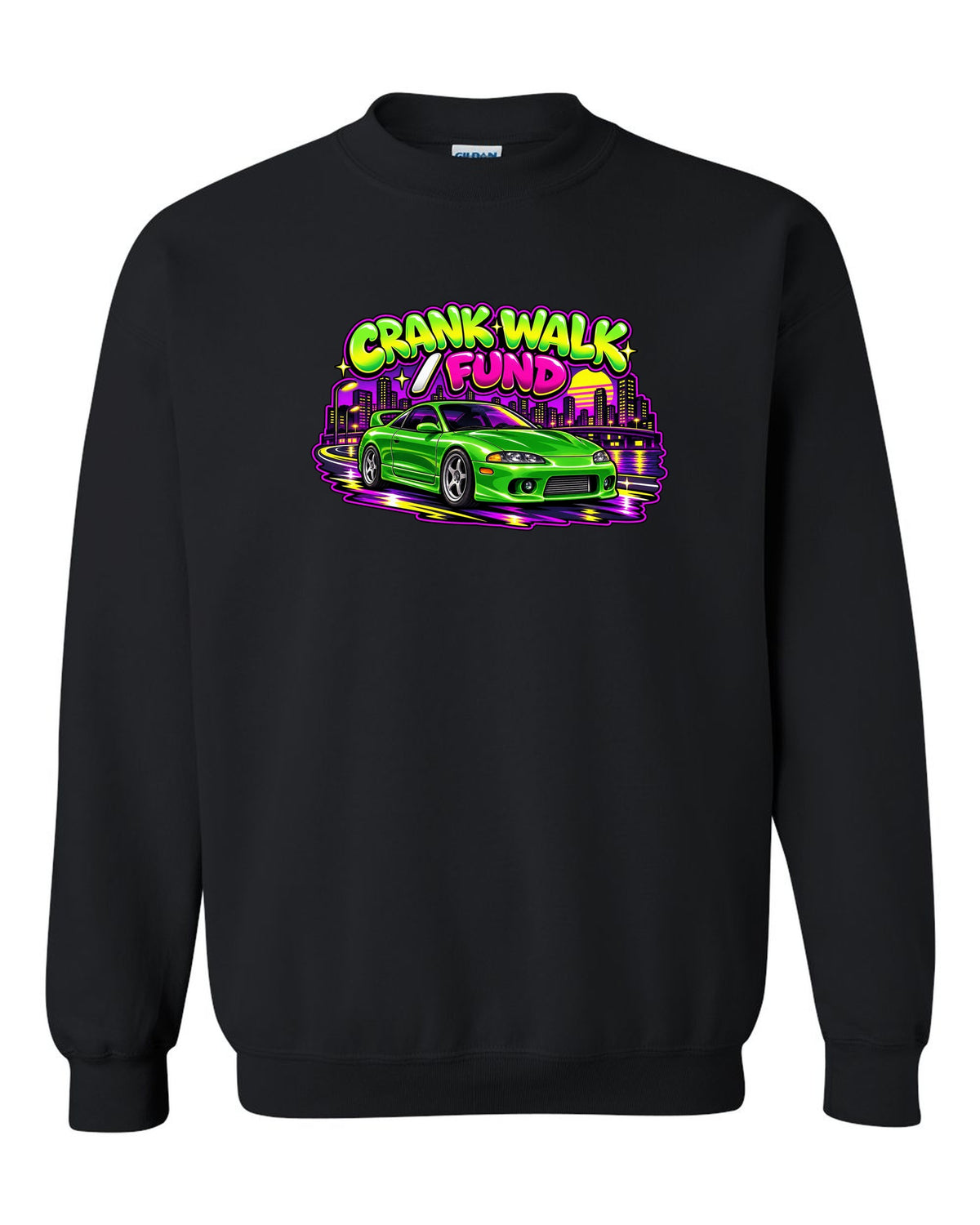 Retro 90s Saturday-morning cartoon style print of a green Mitsubishi Eclipse GSX 2G with crank walk fund text black crewneck front view with the design