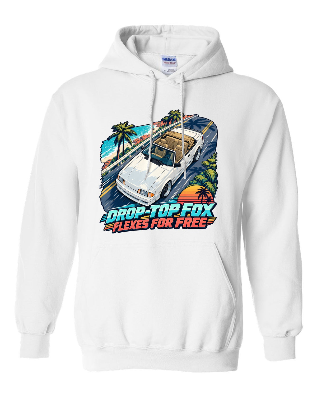Cel-shaded anime print of a Ford Mustang Fox Body convertible seen from above white pull over hoodie front view with the design