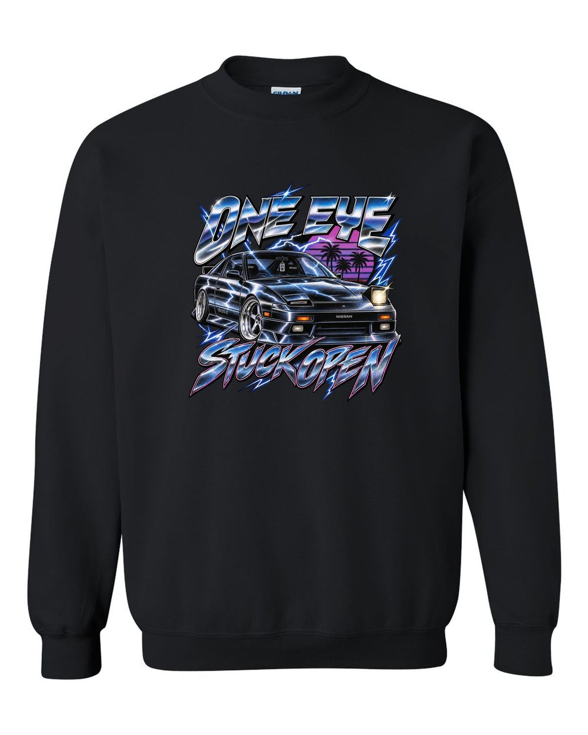 80s airbrush chrome print of a Nissan 180SX S13 ch with one eye stuck open text black crewneck front view with the design