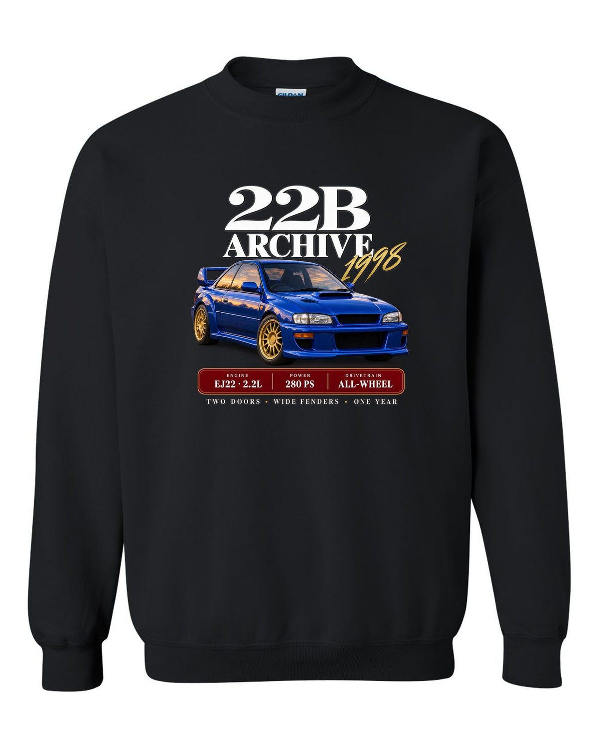 Subaru Impreza 22B STI 1998 archive panel with EJ22 2.2L 280 PS specs black crewneck front view with the design