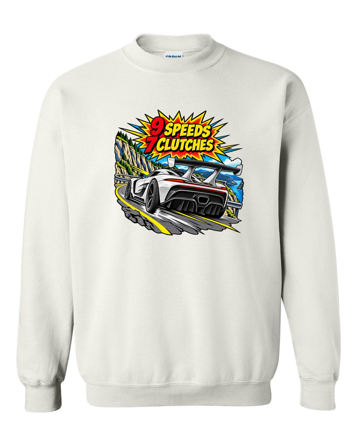 Comic halftone pop art print of a Koenigsegg Jesko with 9 speeds and 7 clutches lettering white crewneck front view with the design